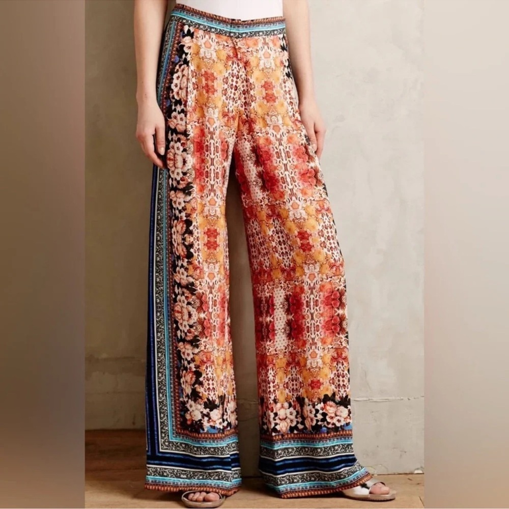 Anthropologie Wide-Leg Printed Pants in Red, Orange, Yellow, Blue